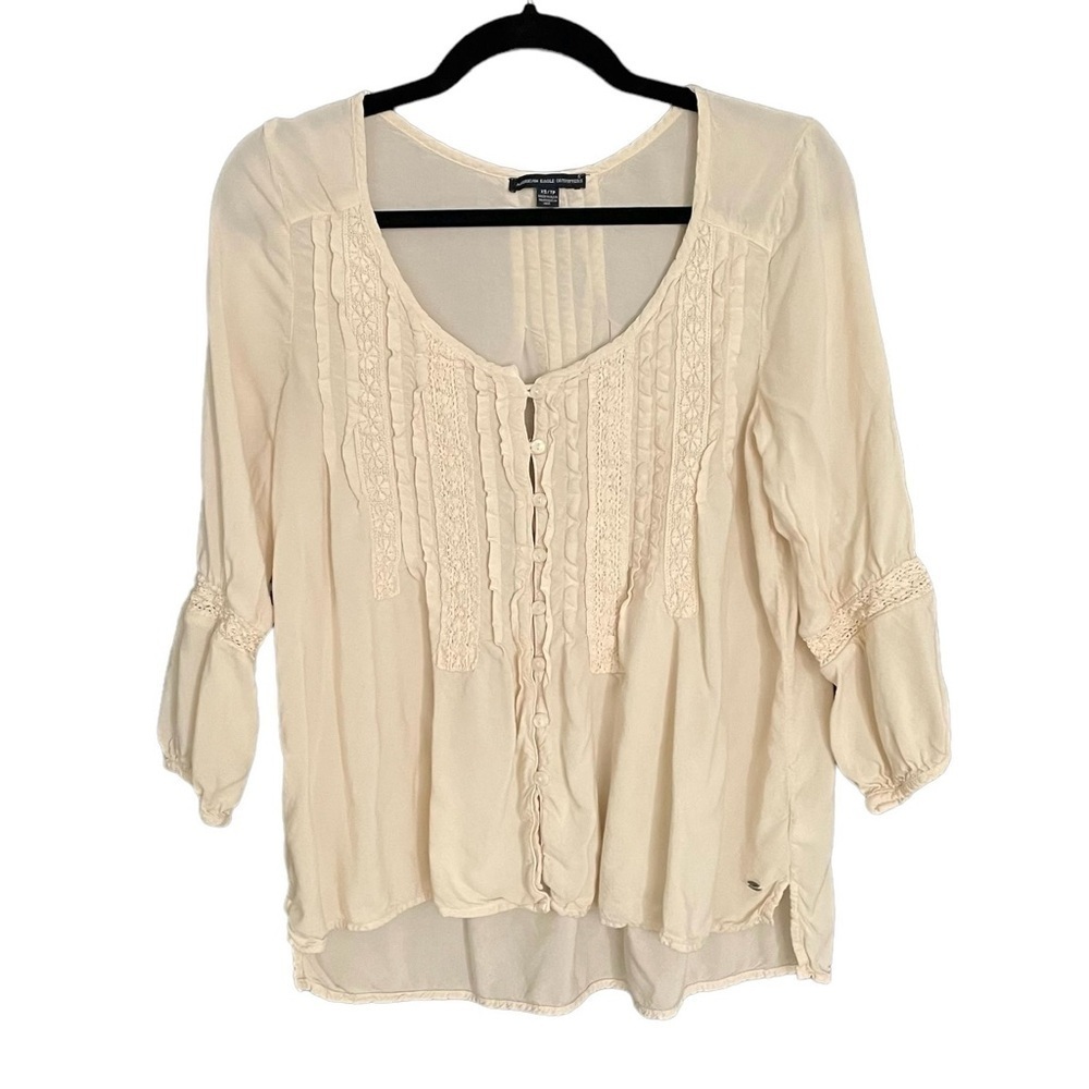 AEO Boho Oversized Button Front Embroidered Blouse Cream XS